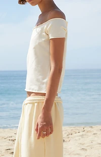 John Galt Yellow Striped Bonnie Off-The-Shoulder Crop Top