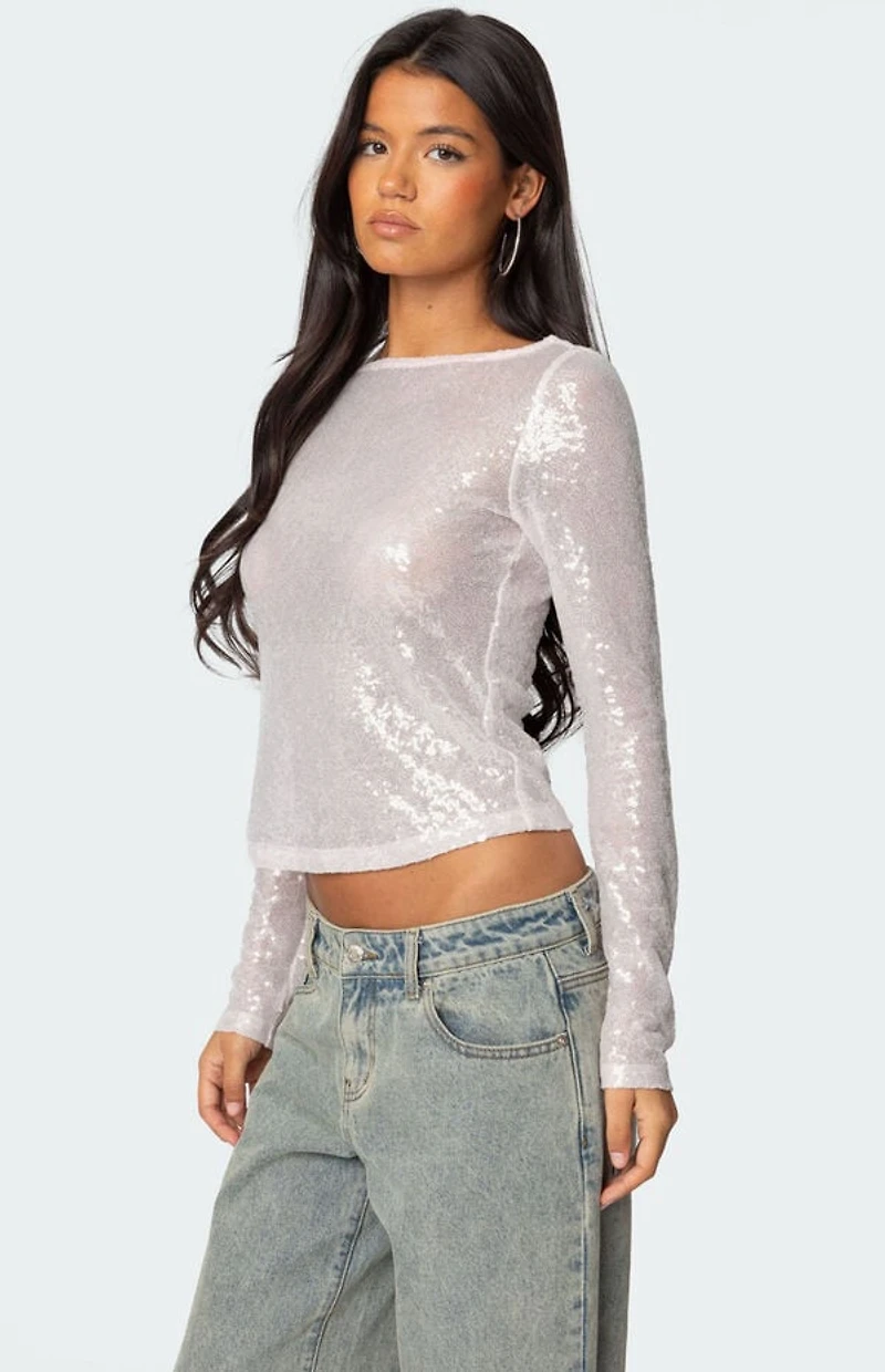 Edikted Sheer Sequin Boat Neck Top