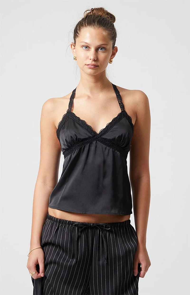 Beverly and Beck Odette Satin Lace Trim Halter Top