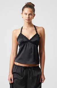 Beverly and Beck Odette Satin Lace Trim Halter Top