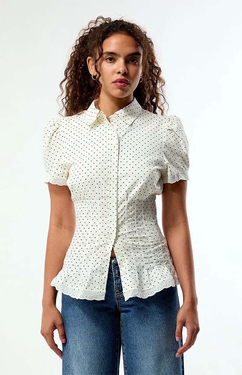 WEWOREWHAT Polka Dot Cinched Button Up Shirt