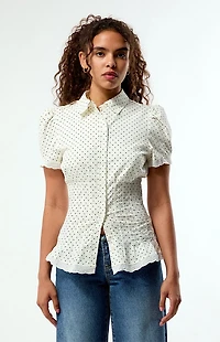 WEWOREWHAT Polka Dot Cinched Button Up Shirt