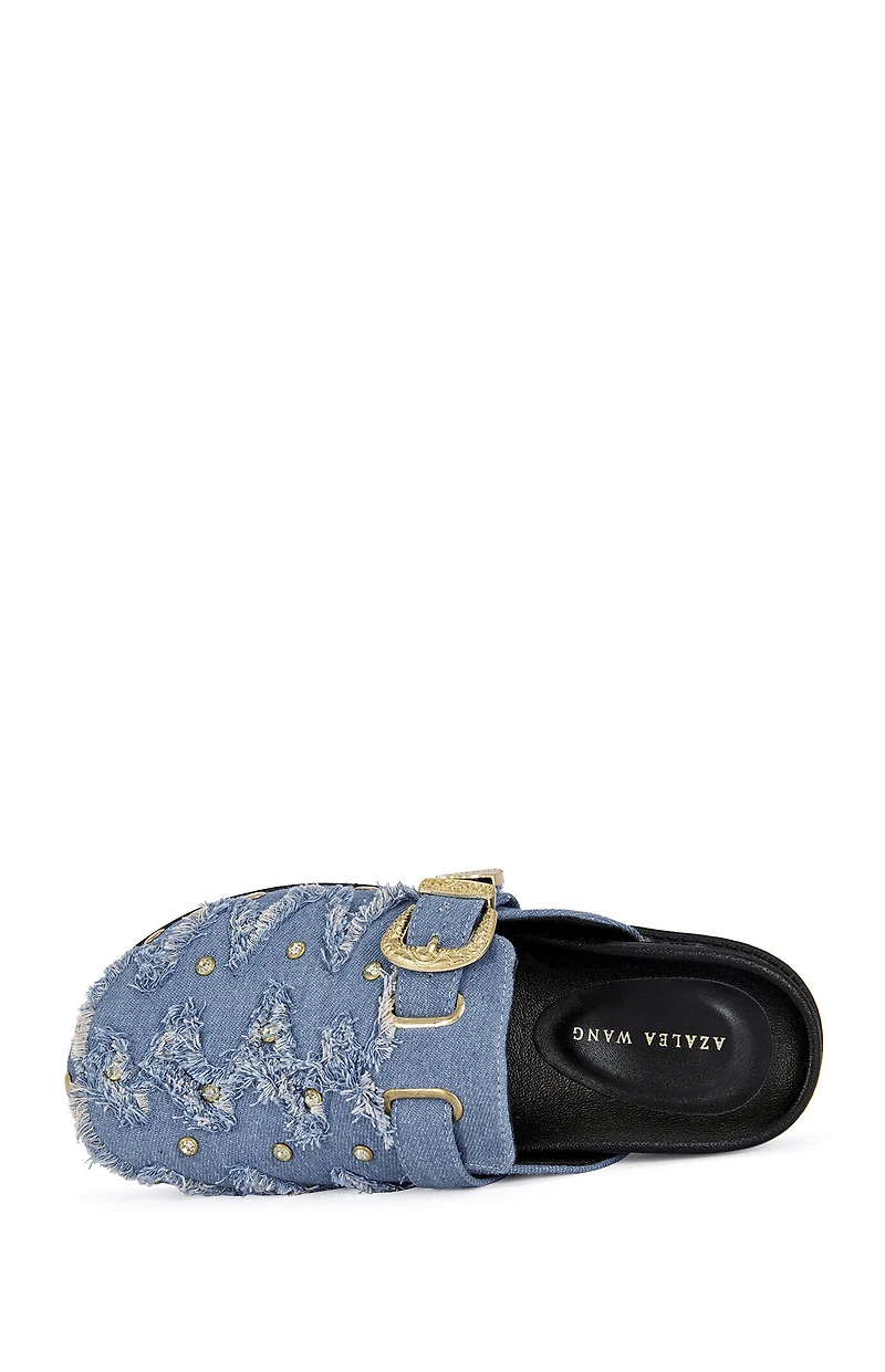 AZALEA WANG Women's Zale Studded Flat Denim Mules