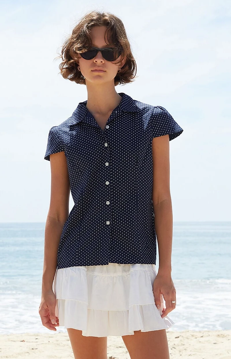 John Galt Navy Polka Dot Rue Collared Top