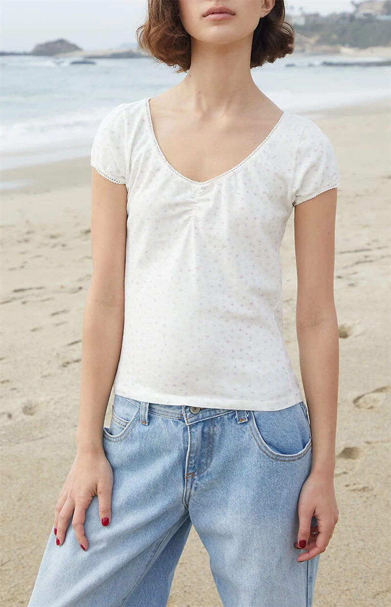 John Galt White Floral Gina Cinched Top