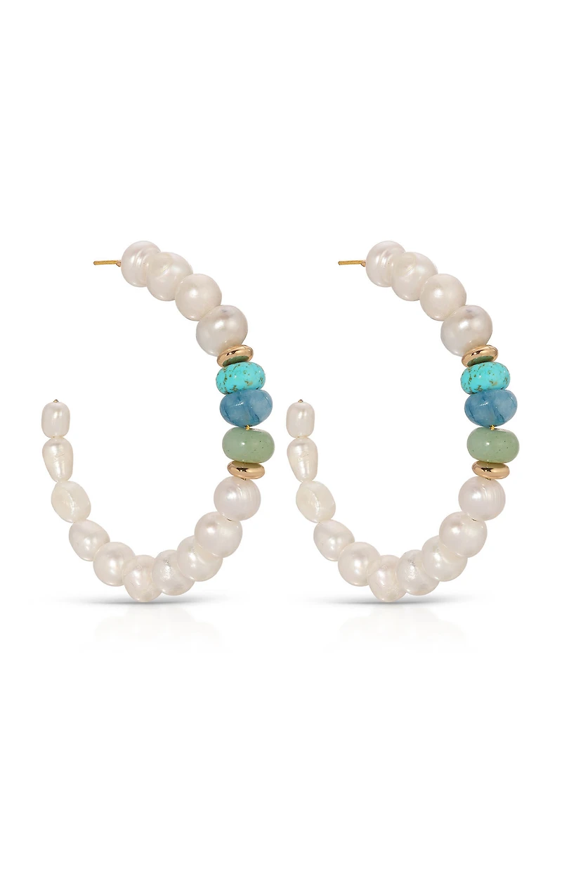 Ettika Beach Day Pearl and Blue Gemstone Hoop Earrings