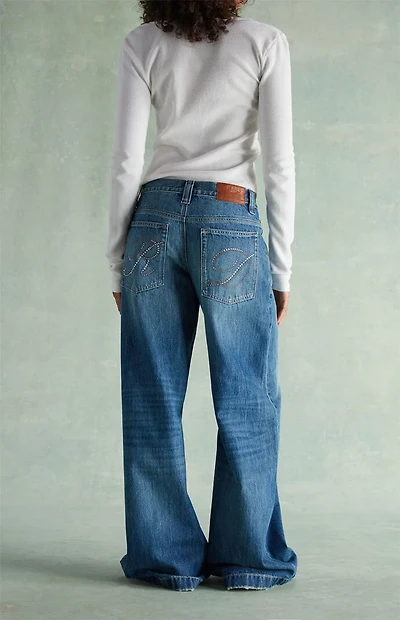 RARE DNM EDIT Medium Blue Rhinestone R & D Ultra Low Rise Baggy Jeans