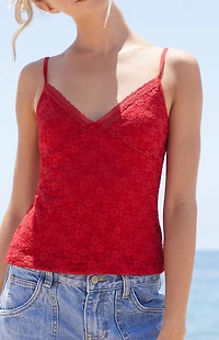 John Galt Red Amara Lace Tank Top