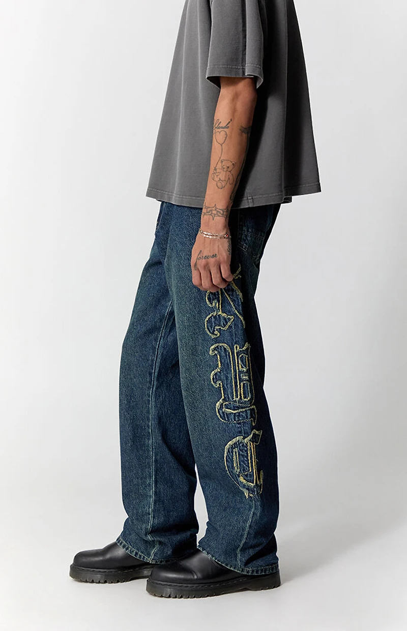 Pacsun Dylan Baggy Jeans Frayed NYC Applique Dark Blue