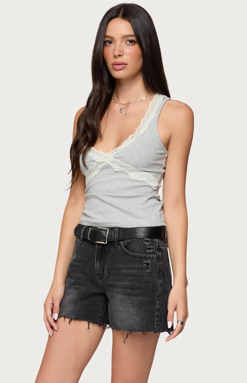 Edikted Oriana Contrast Lacey V Neck Top