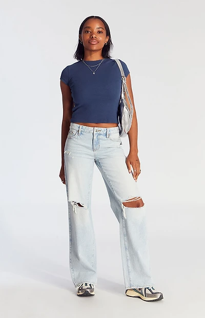 Pacsun Casey Fray Low Rise Baggy Jeans Ripped Light Indigo
