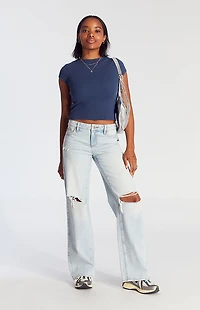 Pacsun Casey Fray Low Rise Baggy Jeans Ripped Light Indigo