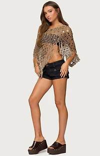 Edikted Fringe Sequin Crochet Poncho