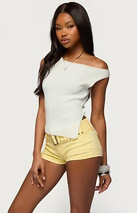 Edikted Myrah Asymmetric Off Shoulder Ribbed Knit Top