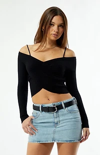 LA Hearts Off-The-Shoulder Wrap Long Sleeve Sweater