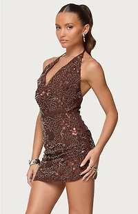 Edikted Beaded Cowl Neck Halter Mini Dress