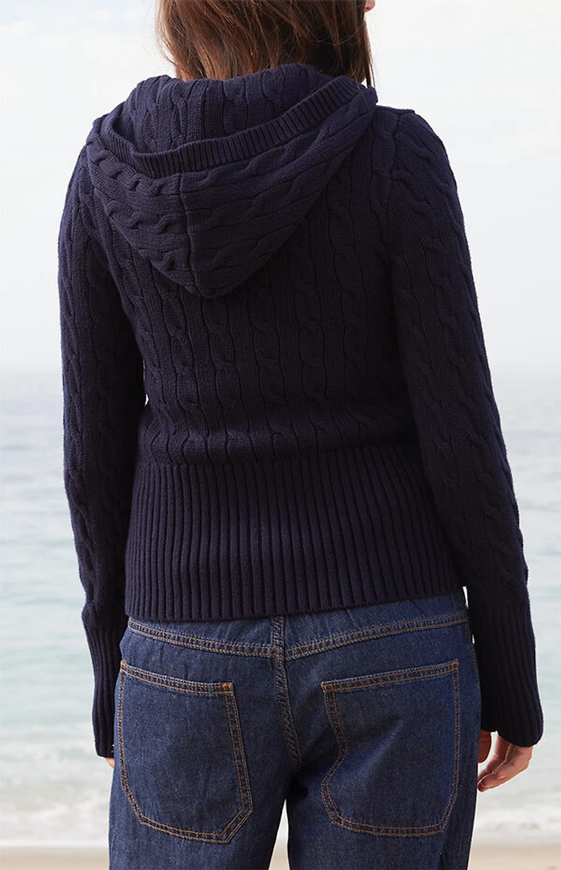 John Galt Blue Cable Knit Button Down Hooded Sweater