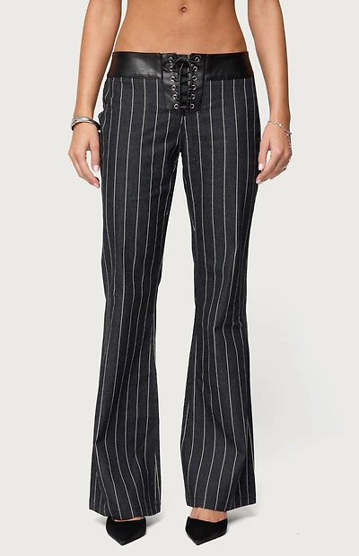 Edikted Pinstripe & Faux Leather Low Rise Flared Jeans