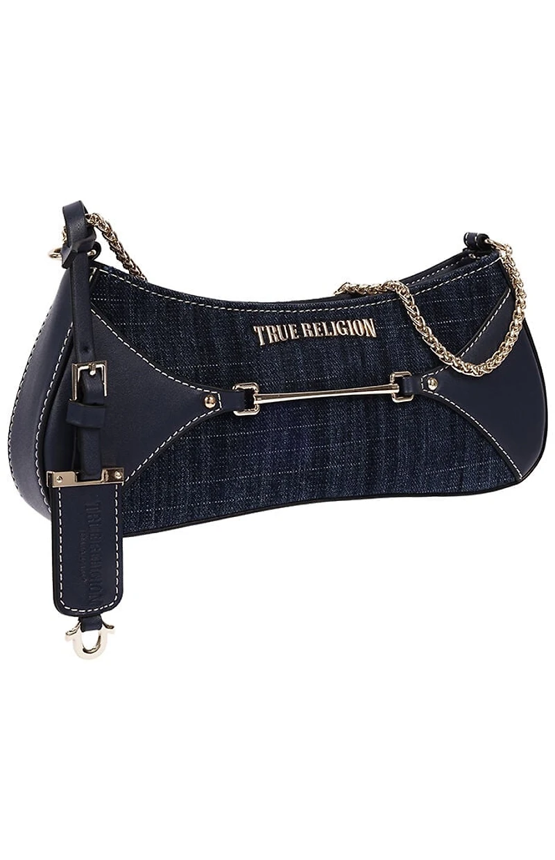 True Religion Top Zip Dark Denim Shoulder Bag