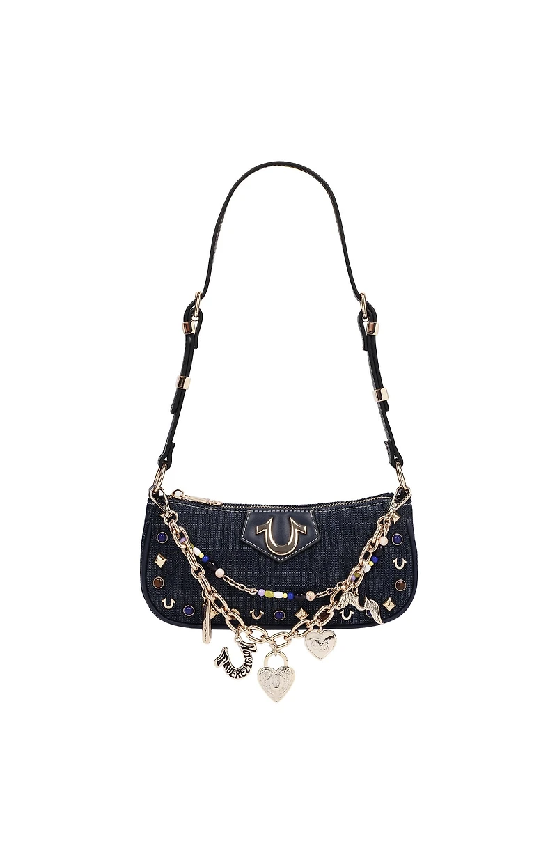 True Religion Chain & Studs Dark Denim Shoulder Bag