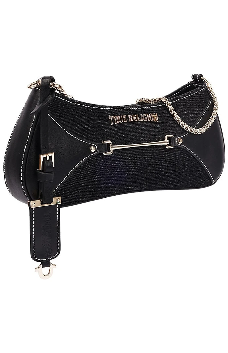 True Religion Top Zip Black Denim Shoulder Bag