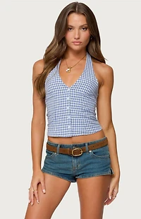 Edikted Evan Gingham Button Up Halter Top