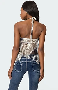Edikted Asymmetric Printed Lace Halter Top