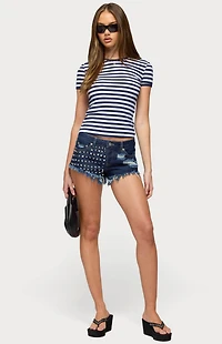 Edikted Studded and Distressed Low Rise Denim Shorts