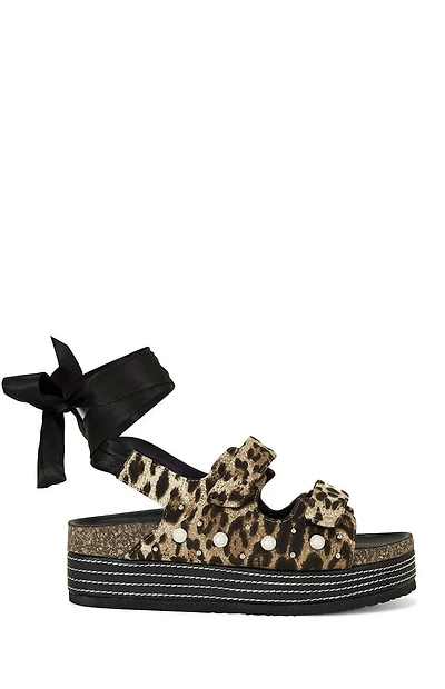AZALEA WANG Women's Mackley Leopard Tie Up Platform Sandals
