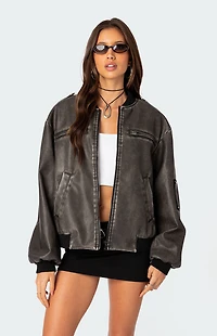 Edikted Vava Washed Faux Leather Bomber Jacket