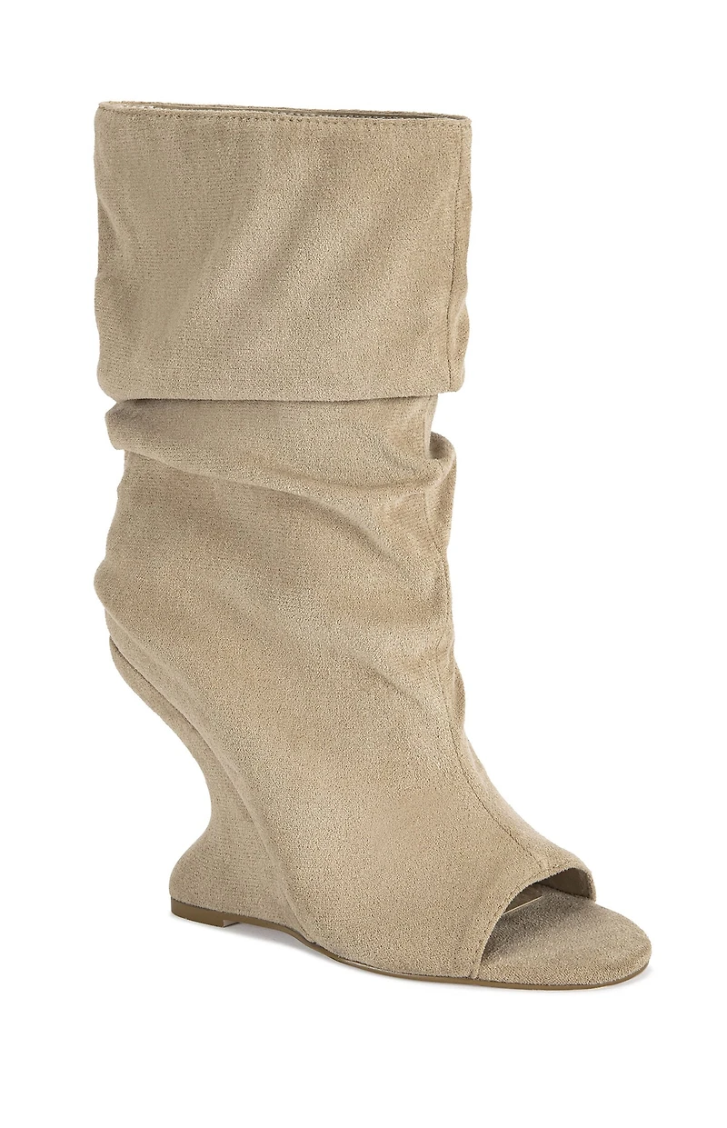 AZALEA WANG Women's Marin Nude Faux Suede Curved Wedge Booties