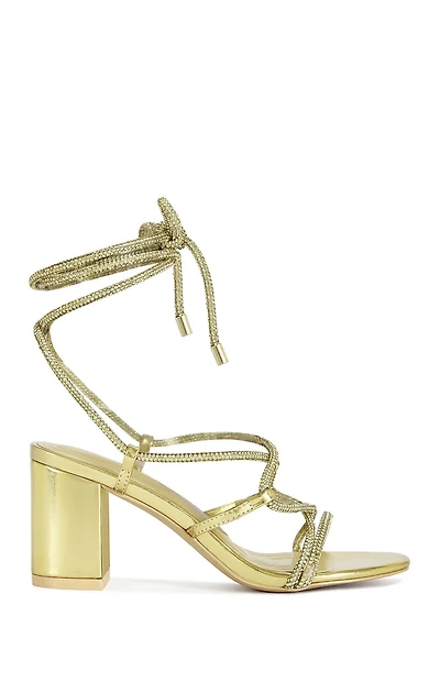 AZALEA WANG Women's Revani Gold Wrap Around Block Heels