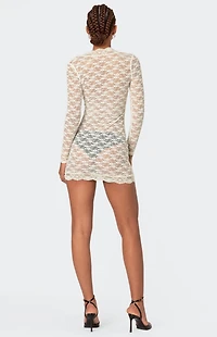 Edikted Beck Plunge Neck Sheer Lace Mini Dress