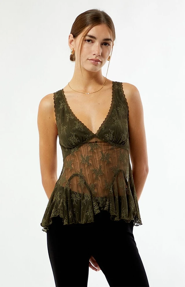 slim fit dress slacks Fortune Lace Trim Mesh Midi Dress Green