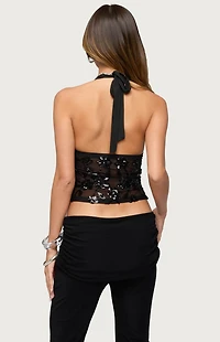 Edikted Bead & Sequin Sheer Mesh Halter Top