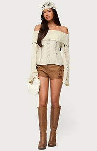 Edikted Renna Distressed Fold Over Knit Top