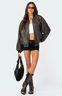 Edikted Vava Washed Faux Leather Bomber Jacket