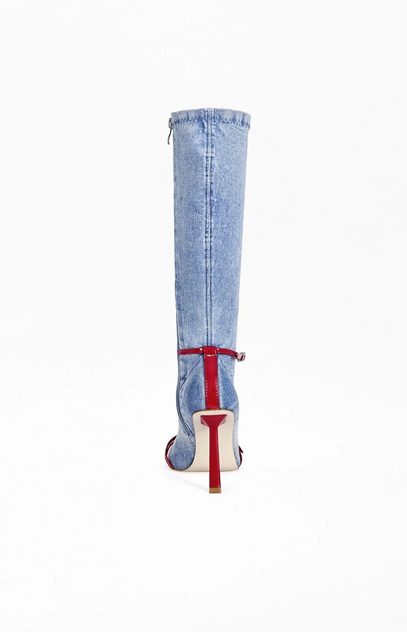 AZALEA WANG Women's Emra Denim Peep-Toe Stiletto Boots