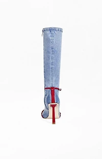 AZALEA WANG Women's Emra Denim Peep-Toe Stiletto Boots