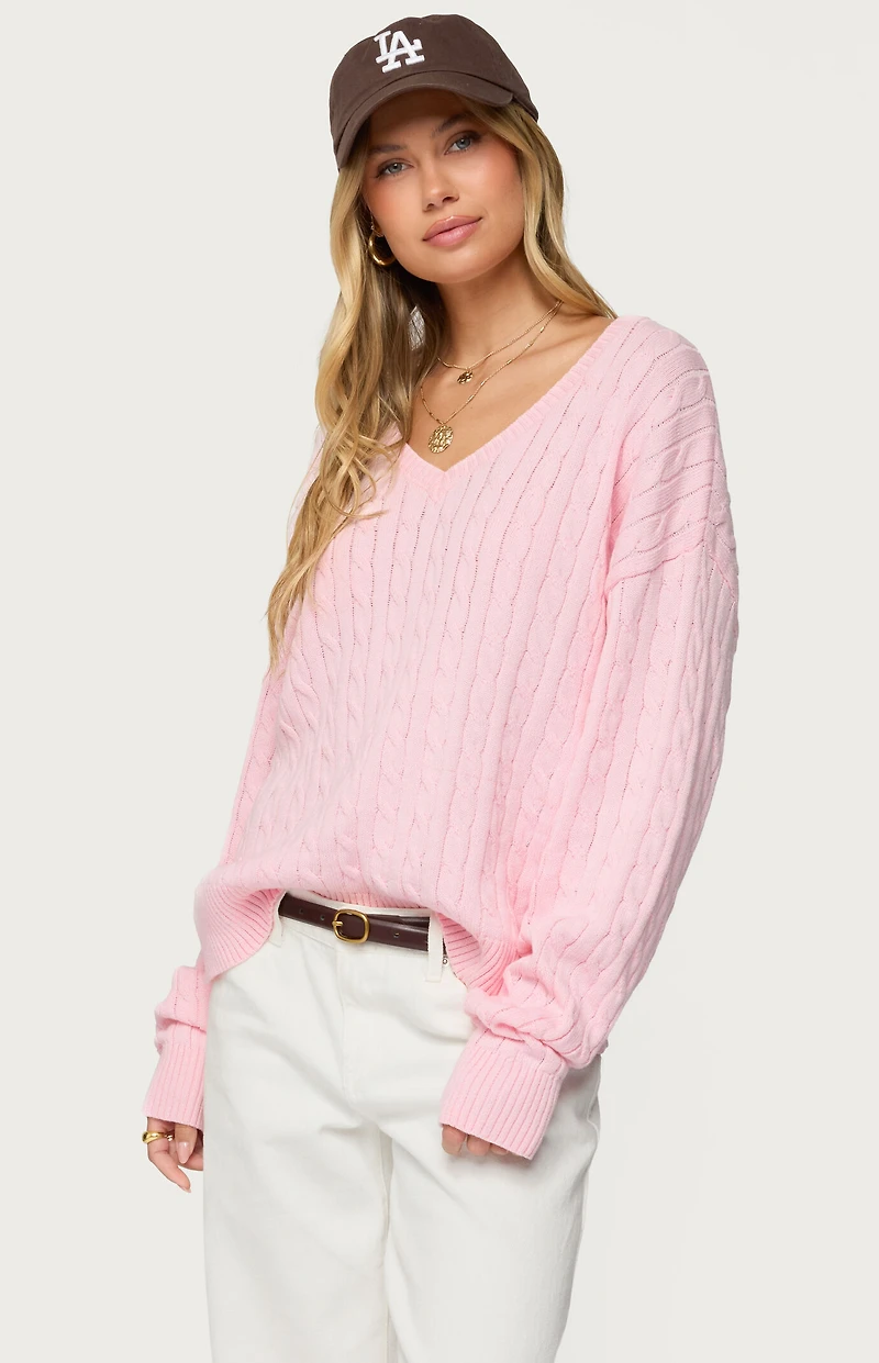Edikted Polly V Neck Cable Knit Sweater