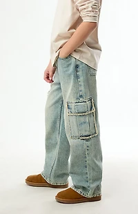 Pacsun Kids Baggy Jeans Frayed Cargo Medium Blue