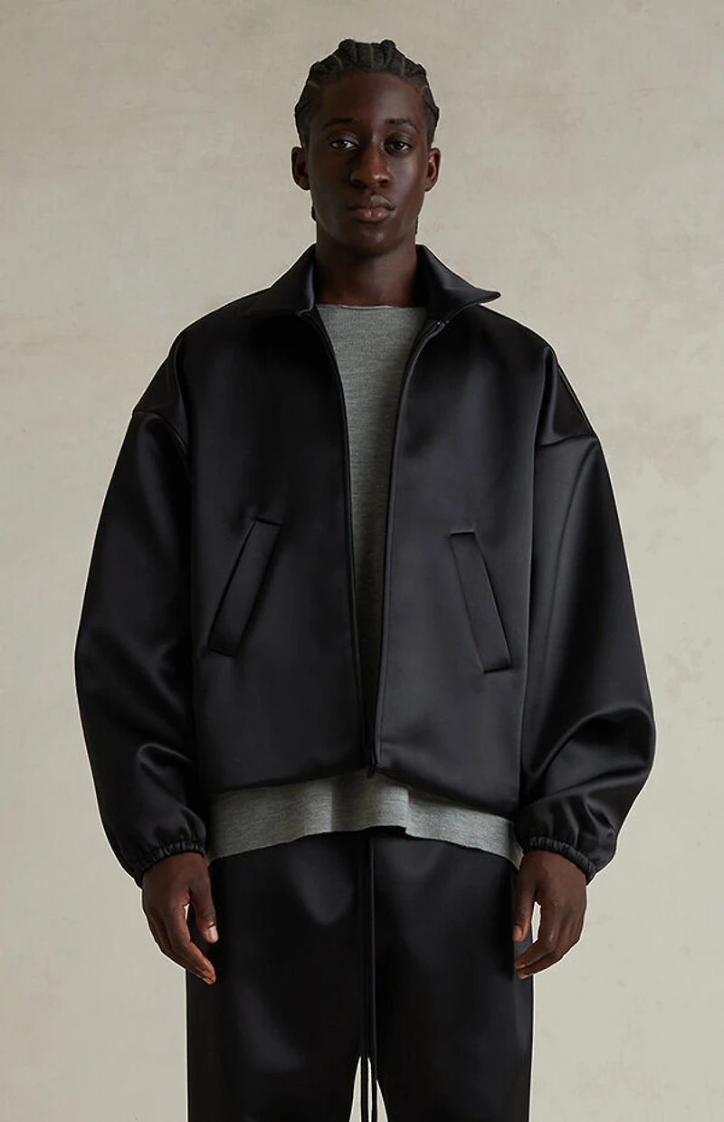 Fear of God ESSENTIALS Jet Black Bonded Satin Zip Up Bomber Jacket