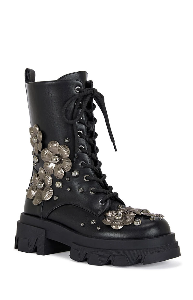 AZALEA WANG Women's Orquidea Black 3D Flower Combat Boots