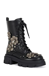 AZALEA WANG Women's Orquidea Black 3D Flower Combat Boots