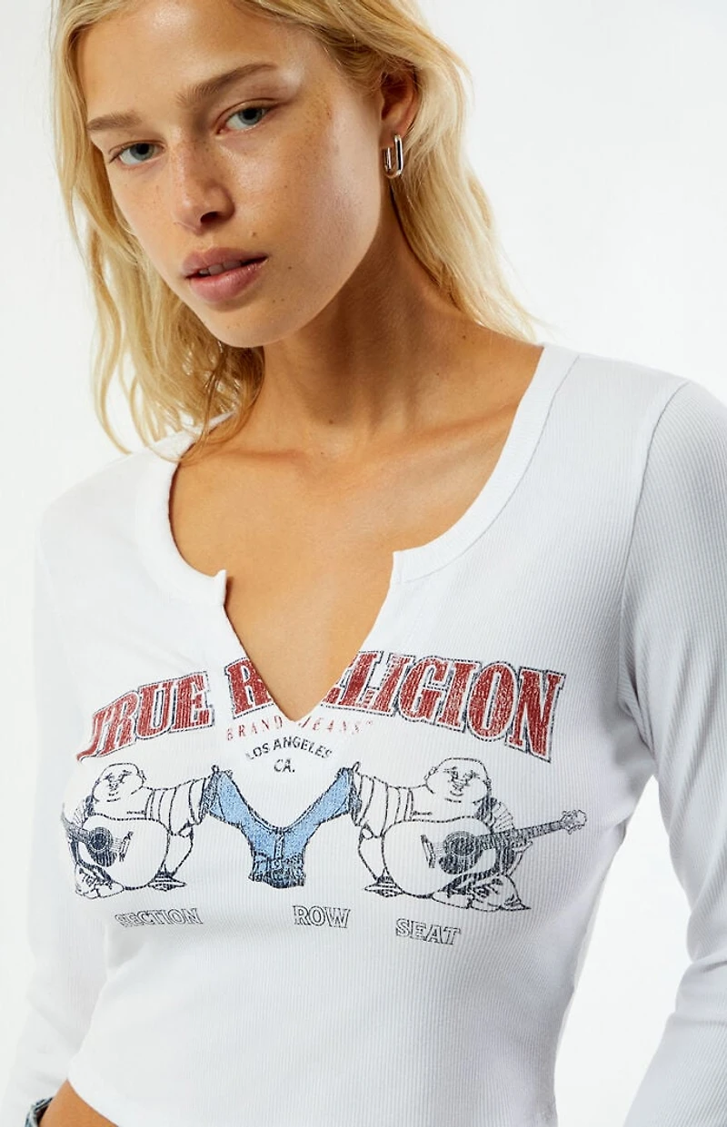 True Religion Buddha Notched V-Neck Long Sleeve Top