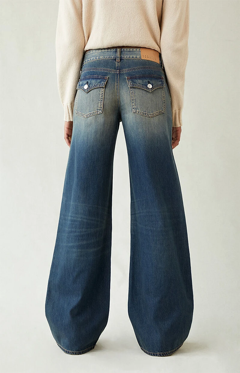 Pacsun Casey Low Rise Baggy Jeans Button Pocket Dark Blue Tinted