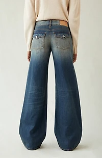 Pacsun Casey Low Rise Baggy Jeans Button Pocket Dark Blue Tinted