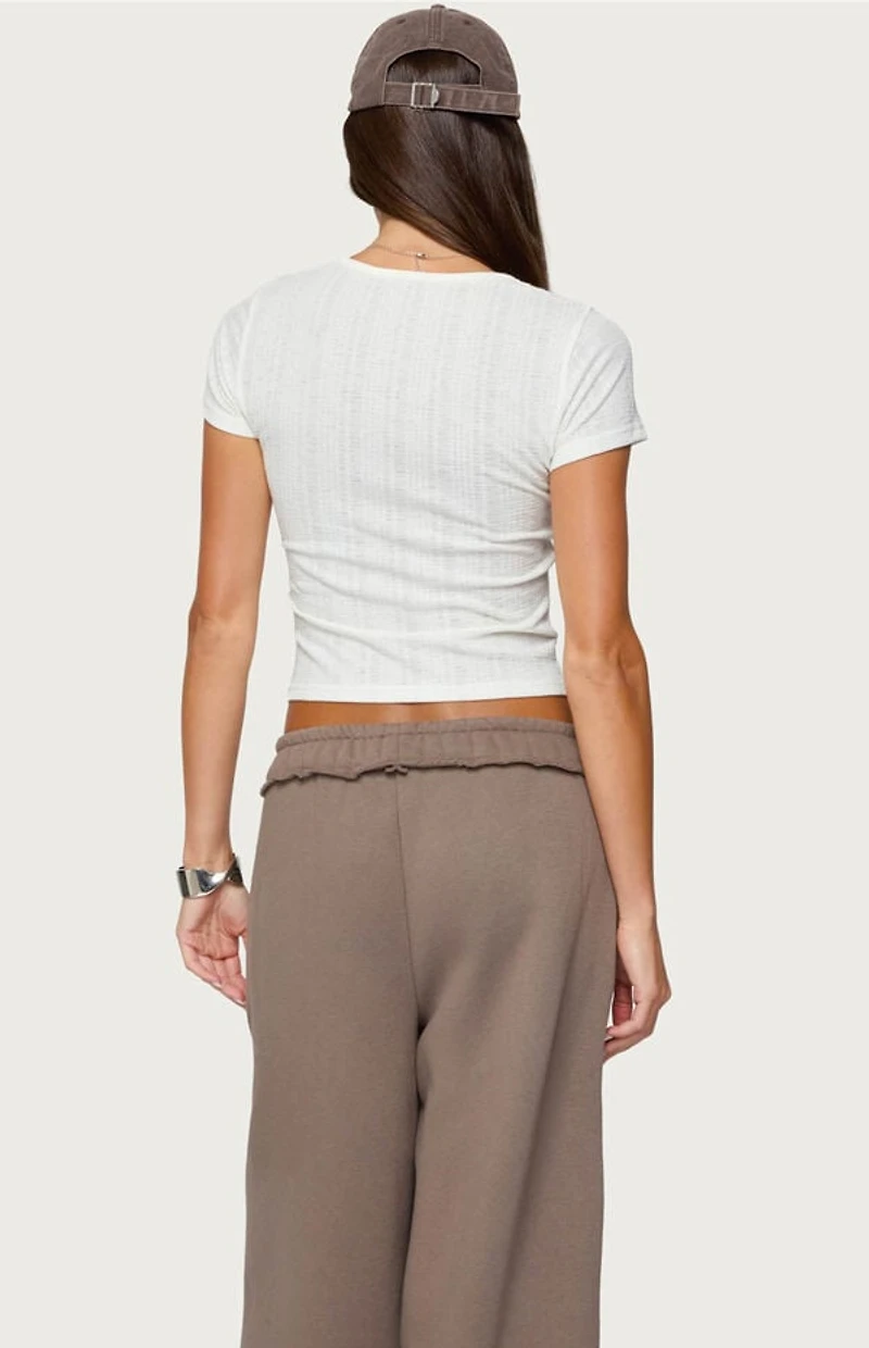 Edikted Semi Sheer Ribbed V Neck T-Shirt