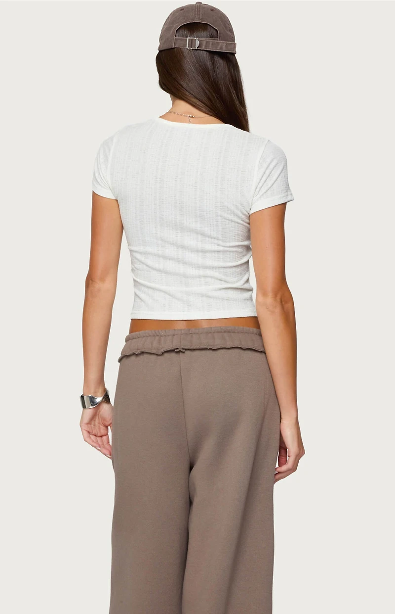 Edikted Semi Sheer Ribbed V Neck T-Shirt