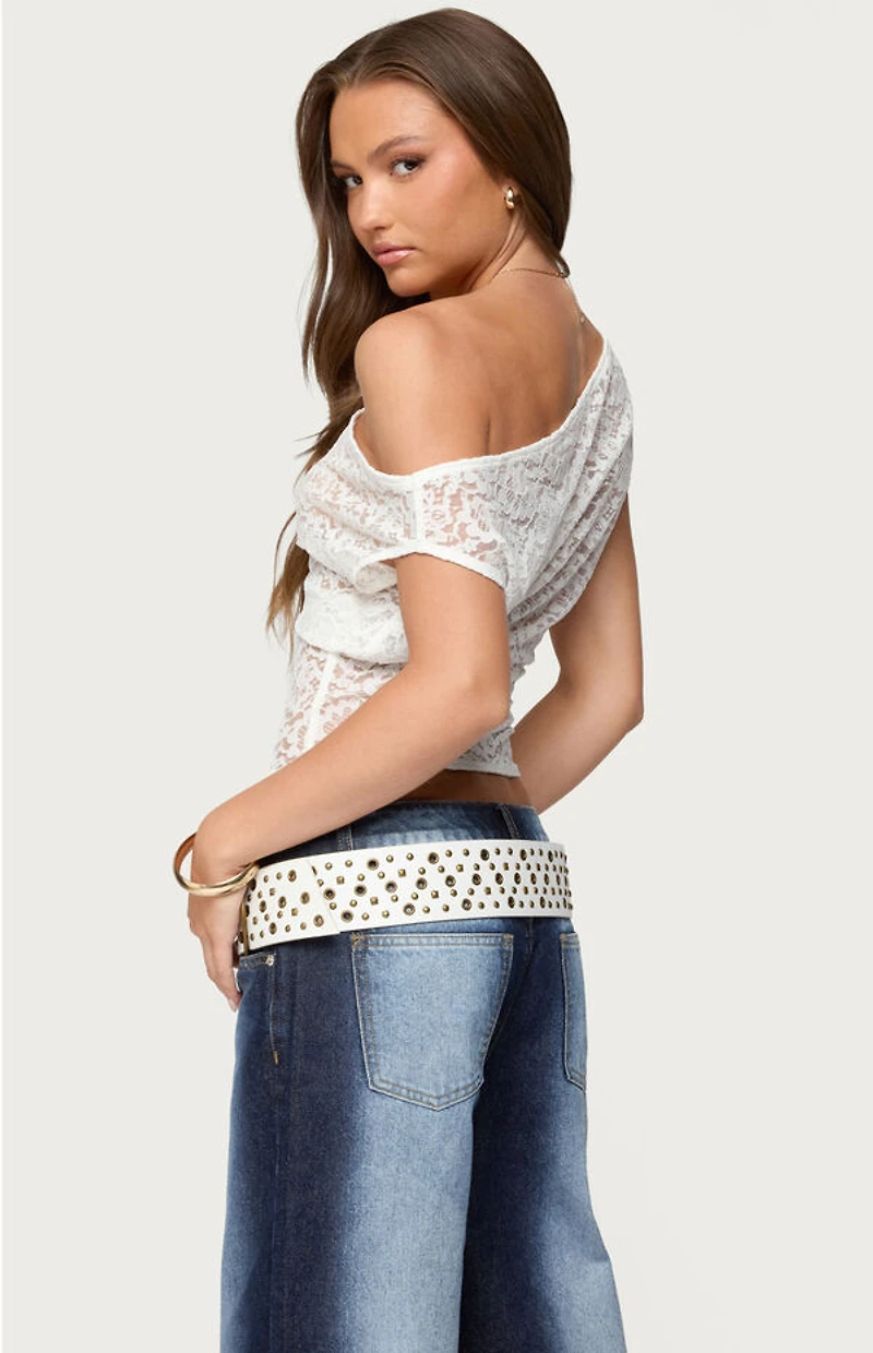 Edikted Kessa Sheer Lace Off Shoulder Top